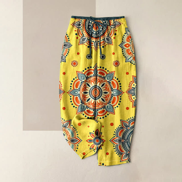 Buddha Stones Damesbroek van 100% Cotton met mandala-bloemenpatroon, elastische Taille en Zakken. - Geel - US16, UK/AU20, EU48 (3XL) - image 4