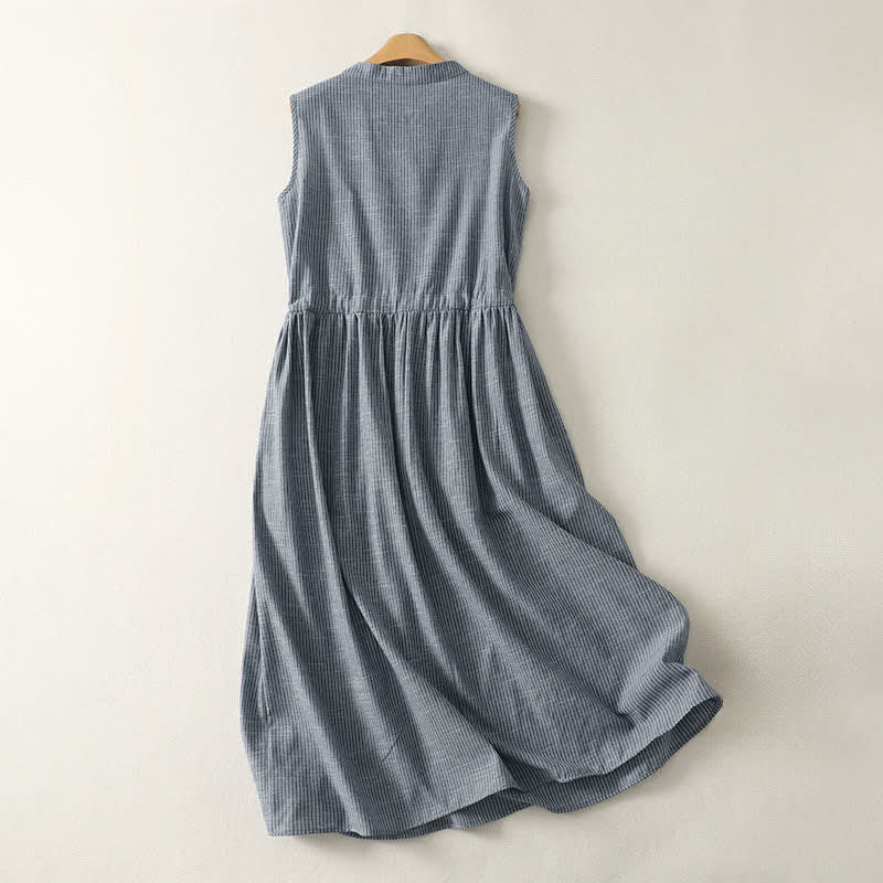 Buddha Stones Zomerse minimalistische gestreepte jurk met knoopsluiting en Mouwloos voor dames - image 1