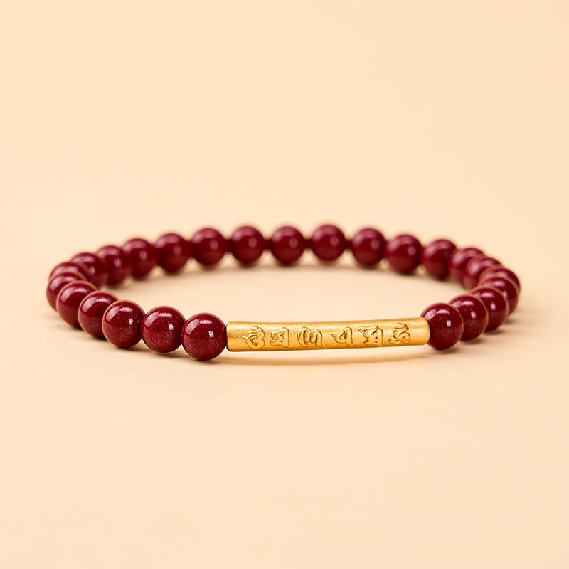 Buddha Stones Cinnabar 999 Sterling Zilveren Om Mani Padme Hum Armband - Cinnabergoud (Polsomtrek: 14-15 cm) - image 0