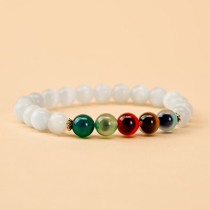 Buddha Stones Witte kattenoog kleurrijke snoepagaat Armband voor overvloed - image 1
