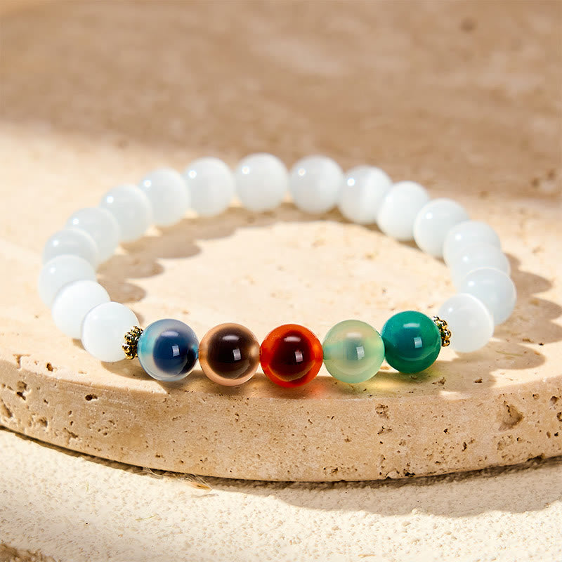 Buddha Stones Witte kattenoog kleurrijke snoepagaat Armband voor overvloed - Witte kattenoog verbonden snoepagaat (Polsomtrek 15-16 cm) - image 0