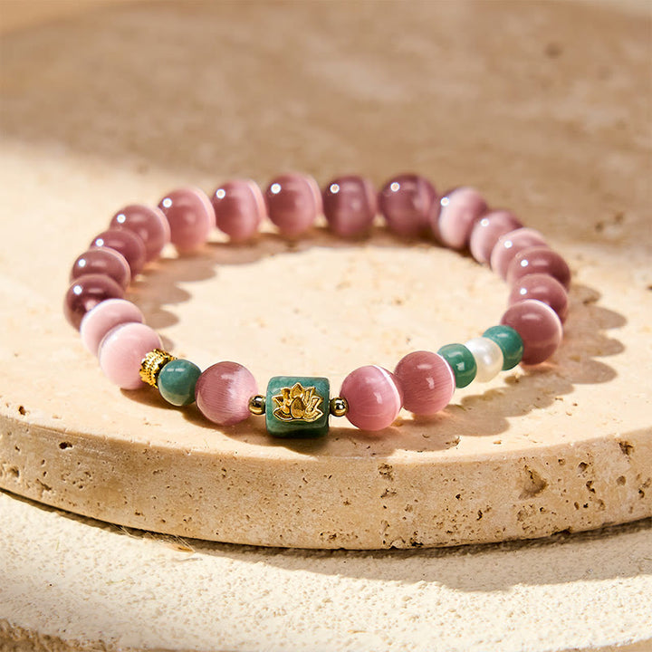 Buddha Stones Paarse Armband met kattenoog-lotussymbool, symbool voor verlichting. - Paarse kattenoog (Polsomtrek 15-16 cm) - image 0
