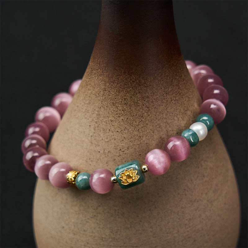 Buddha Stones Paarse Armband met kattenoog-lotussymbool, symbool voor verlichting. - image 5