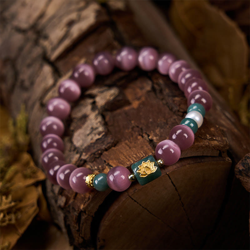 Buddha Stones Paarse Armband met kattenoog-lotussymbool, symbool voor verlichting. - image 4