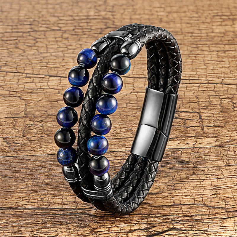 Buddha Stones Tijgeroog Hematiet Lavasteen Zwarte Onyx Lazuriet Lapis Lazuli Kralen Beschermende Kracht Leren Armband - Blauwe tijgeroog - 18-22 cm - image 0