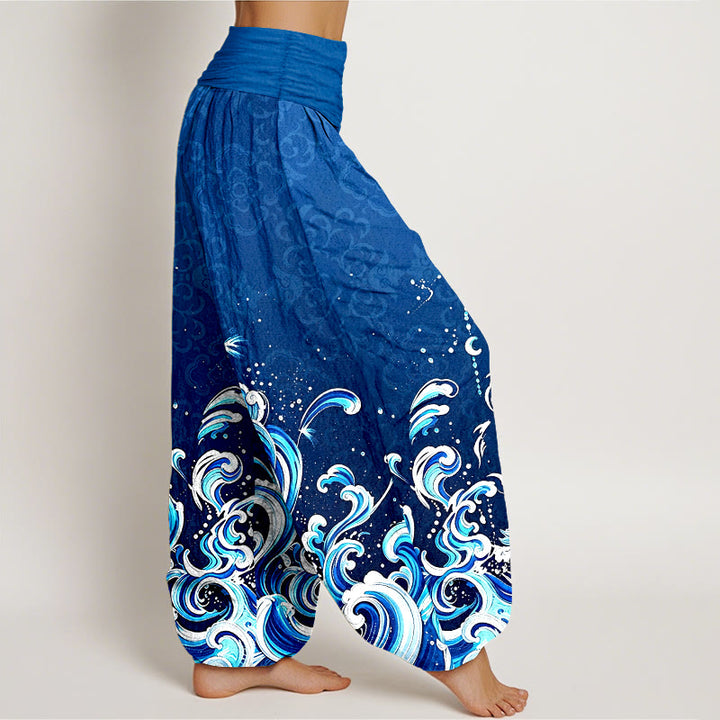 Buddha Stones Harembroek voor dames met elastische Taille en oceaangolfpatroon van 100% Cotton - image 1