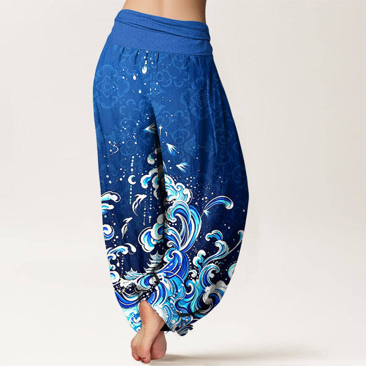 Buddha Stones Harembroek voor dames met elastische Taille en oceaangolfpatroon van 100% Cotton - image 2