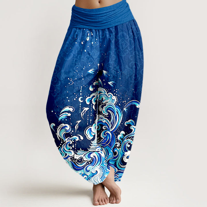 Buddha Stones Harembroek voor dames met elastische Taille en oceaangolfpatroon van 100% Cotton - Koningsblauw - US16, UK/AU20, EU48 (3XL) - image 0