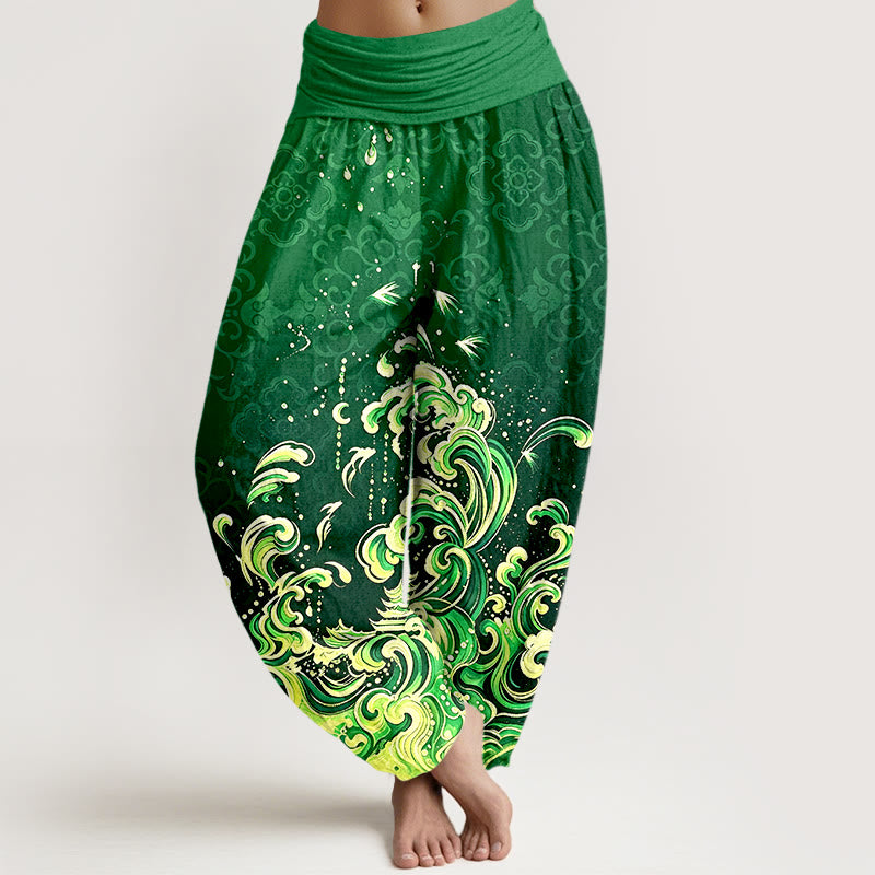 Buddha Stones Harembroek voor dames met elastische Taille en oceaangolfpatroon van 100% Cotton - Bosgroen - US16, UK/AU20, EU48 (3XL) - image 5