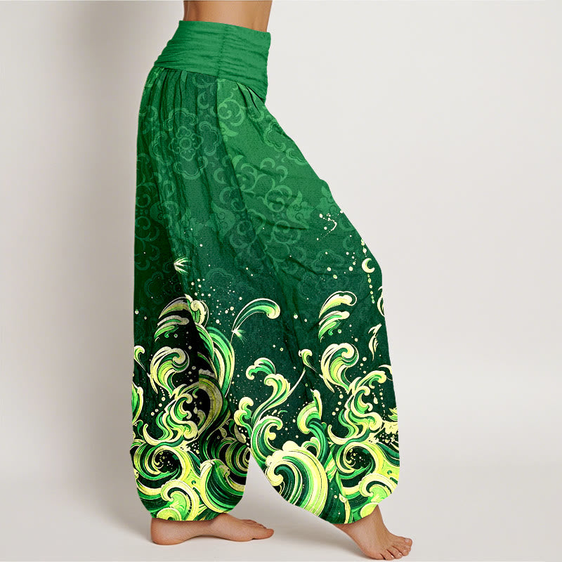 Buddha Stones Harembroek voor dames met elastische Taille en oceaangolfpatroon van 100% Cotton - image 6