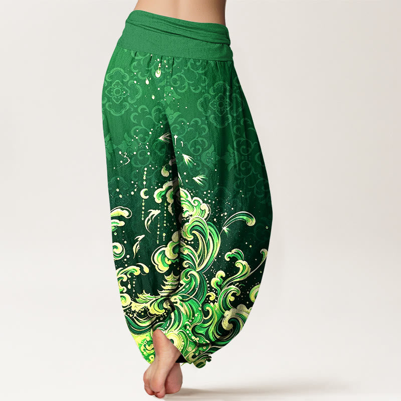 Buddha Stones Harembroek voor dames met elastische Taille en oceaangolfpatroon van 100% Cotton - image 7