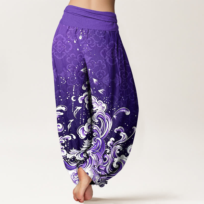 Buddha Stones Harembroek voor dames met elastische Taille en oceaangolfpatroon van 100% Cotton - image 10