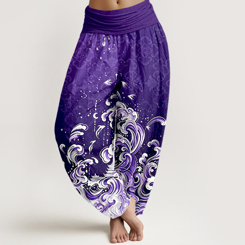 Buddha Stones Harembroek voor dames met elastische Taille en oceaangolfpatroon van 100% Cotton - Paars - US16, UK/AU20, EU48 (3XL) - image 8