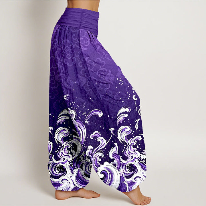Buddha Stones Harembroek voor dames met elastische Taille en oceaangolfpatroon van 100% Cotton - image 9