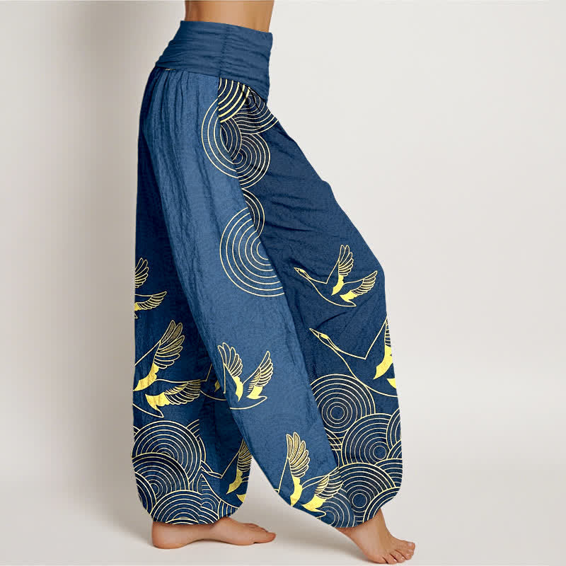 Buddha Stones Dames harembroek met elastische Taille en gouden print van een vogel in een cirkel - image 2