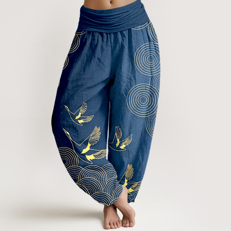 Buddha Stones Dames harembroek met elastische Taille en gouden print van een vogel in een cirkel - Staalblauw - US16, UK/AU20, EU48 (3XL) - image 0