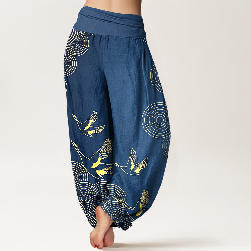 Buddha Stones Dames harembroek met elastische Taille en gouden print van een vogel in een cirkel - image 1