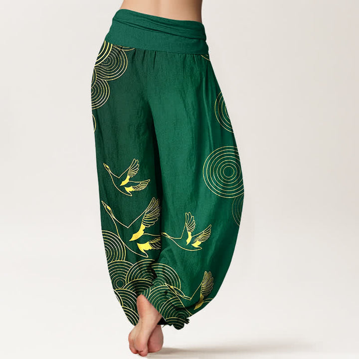 Buddha Stones Dames harembroek met elastische Taille en gouden print van een vogel in een cirkel - image 6