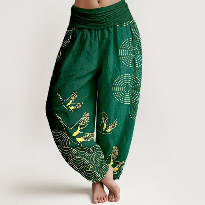 Buddha Stones Dames harembroek met elastische Taille en gouden print van een vogel in een cirkel - Bosgroen - US16, UK/AU20, EU48 (3XL) - image 5