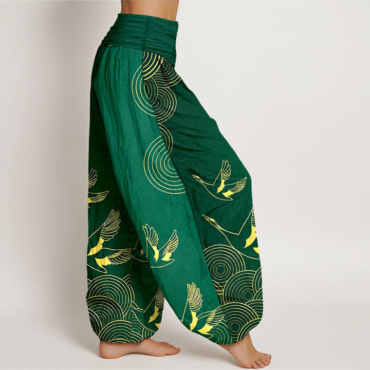 Buddha Stones Dames harembroek met elastische Taille en gouden print van een vogel in een cirkel - image 7