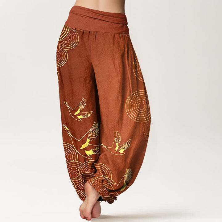 Buddha Stones Dames harembroek met elastische Taille en gouden print van een vogel in een cirkel - image 9
