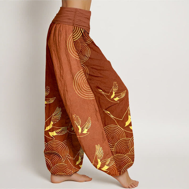 Buddha Stones Dames harembroek met elastische Taille en gouden print van een vogel in een cirkel - image 10