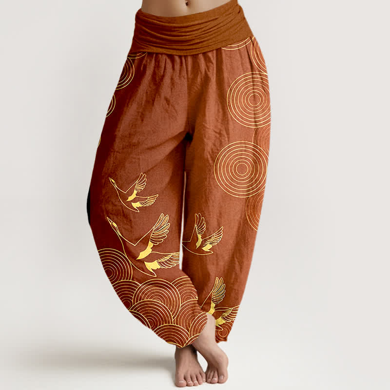 Buddha Stones Dames harembroek met elastische Taille en gouden print van een vogel in een cirkel - Sienna - US16, UK/AU20, EU48 (3XL) - image 8