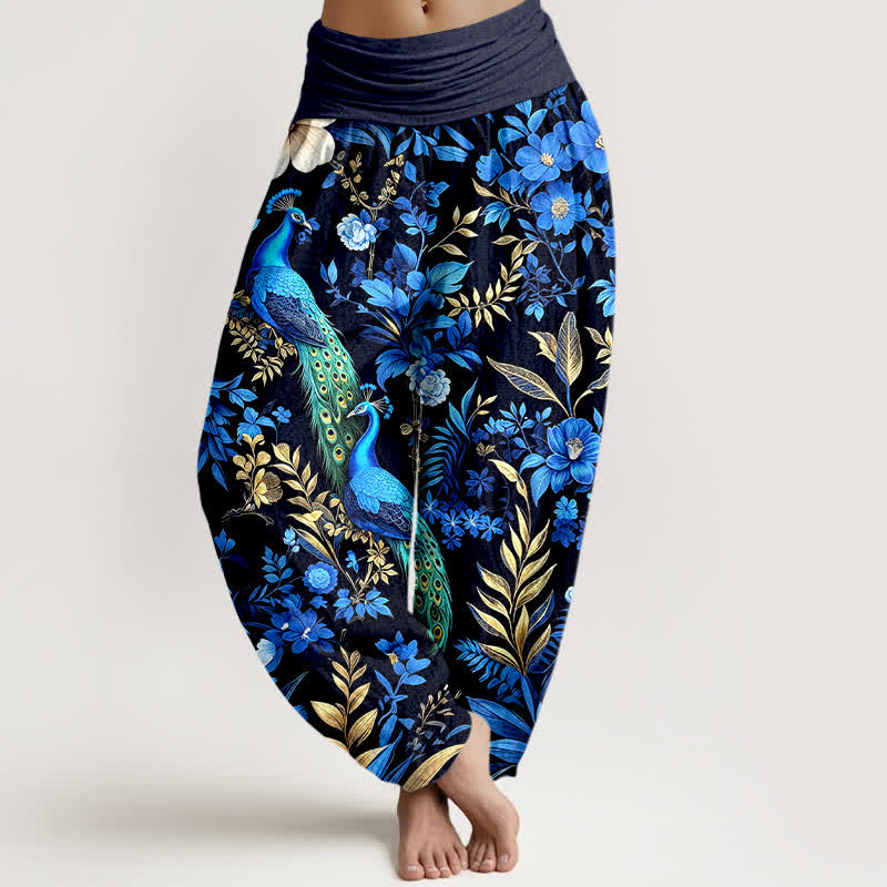 Buddha Stones Harembroek voor dames met elastische Taille , 100% Cotton in een turquoise pauwen- en bloemenprint. - Zwart - US16, UK/AU20, EU48 (3XL) - image 0
