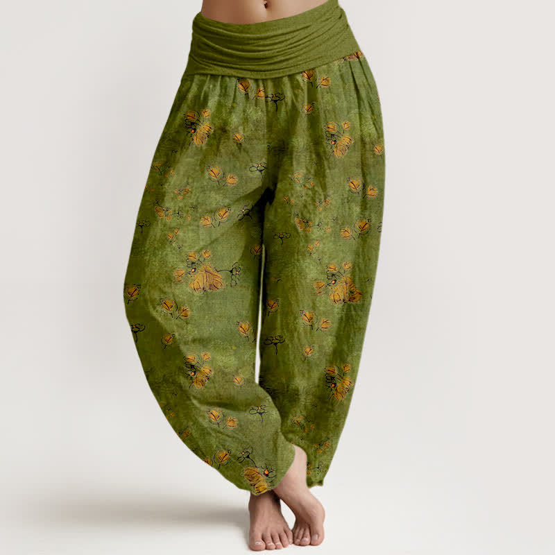 Buddha Stones 100% Cotton voor dames met elastische Taille en verspreid patroon van goudsbloemen. - Olijfgroen - US16, UK/AU20, EU48 (3XL) - image 0