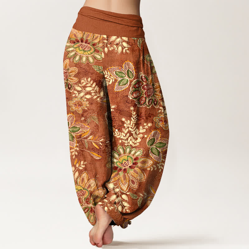 Buddha Stones Harembroek voor dames met elastische Taille en bohemian bloemen- en bladmotief van 100% Cotton - image 1