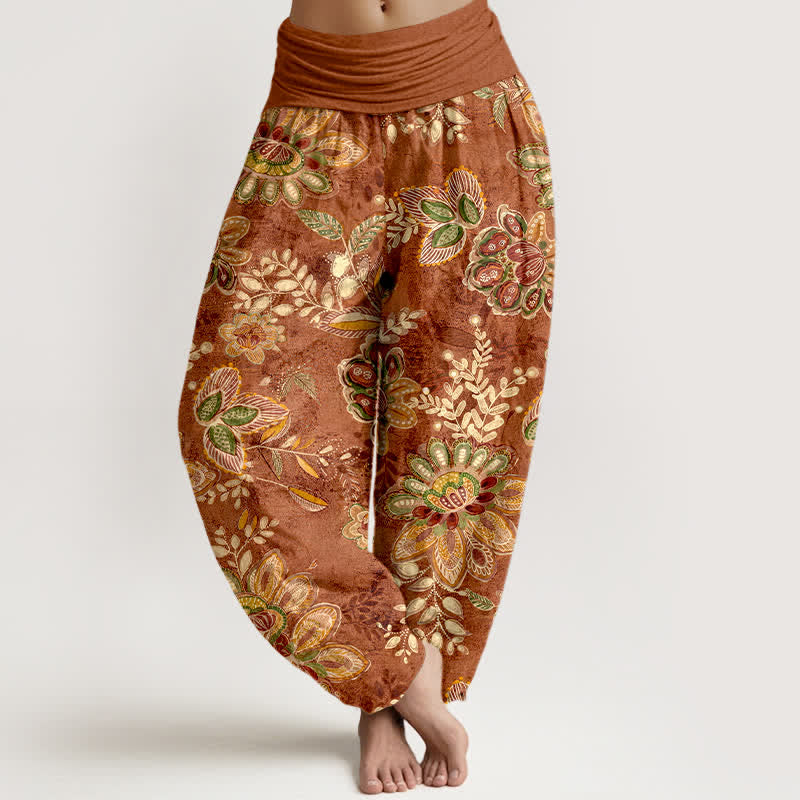 Buddha Stones Harembroek voor dames met elastische Taille en bohemian bloemen- en bladmotief van 100% Cotton - Sienna - US16, UK/AU20, EU48 (3XL) - image 0