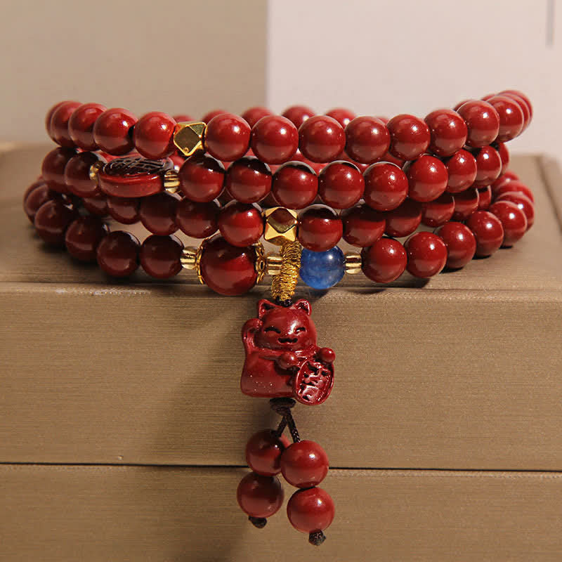 Buddha Stones Tibetaanse mala met 108 kralen, cinnaberkleurige gelukskat en Fu-teken . - Cinnaber (Polsomtrek: 16-18 cm) - image 0