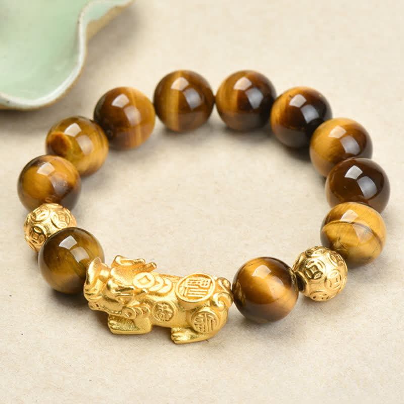 Buddha Stones Armband met natuurlijke tijgeroogkralen , PiXiu Fu-figuur, Om Mani Padme Hum en andere Armband. - Gele tijgeroog Fu-figuur PiXiu(Polsomtrek: 17-18 cm) - image 0