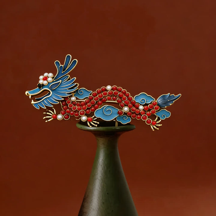 Buddha Stones Blauwe draak rode turkoois Broche - Blauwe draak 7,4*3,3 cm - image 0
