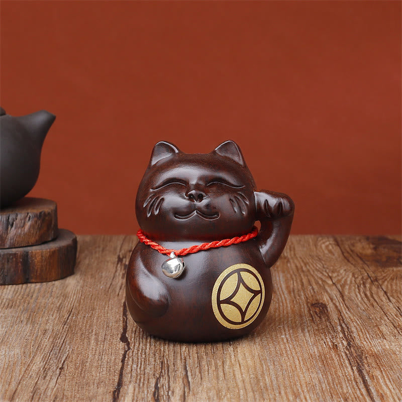 Buddha Stones Mini gelukskatje decoratie van ebbenhout, gesneden, 8 cm - Kattenmunt - 8 cm (kleur en Maat kunnen variëren) - image 5