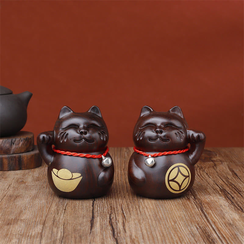 Buddha Stones Mini gelukskatje decoratie van ebbenhout, gesneden, 8 cm - 2 stuks (geschenkdoos) - 8 cm (kleur en Maat kunnen variëren) - image 0
