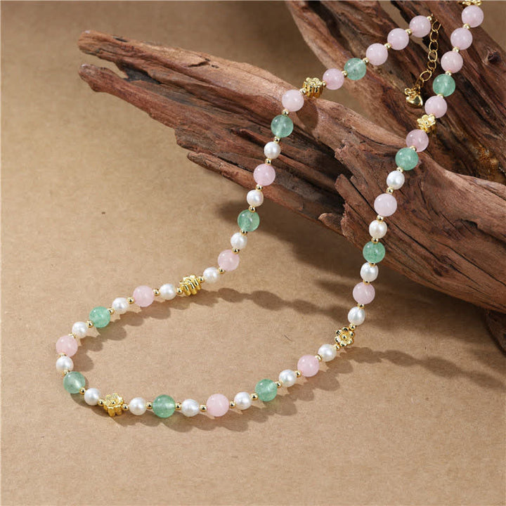 Buddha Stones Natuurlijke rozenkwarts, groene aardbeikwarts, parel en Ketting - image 3