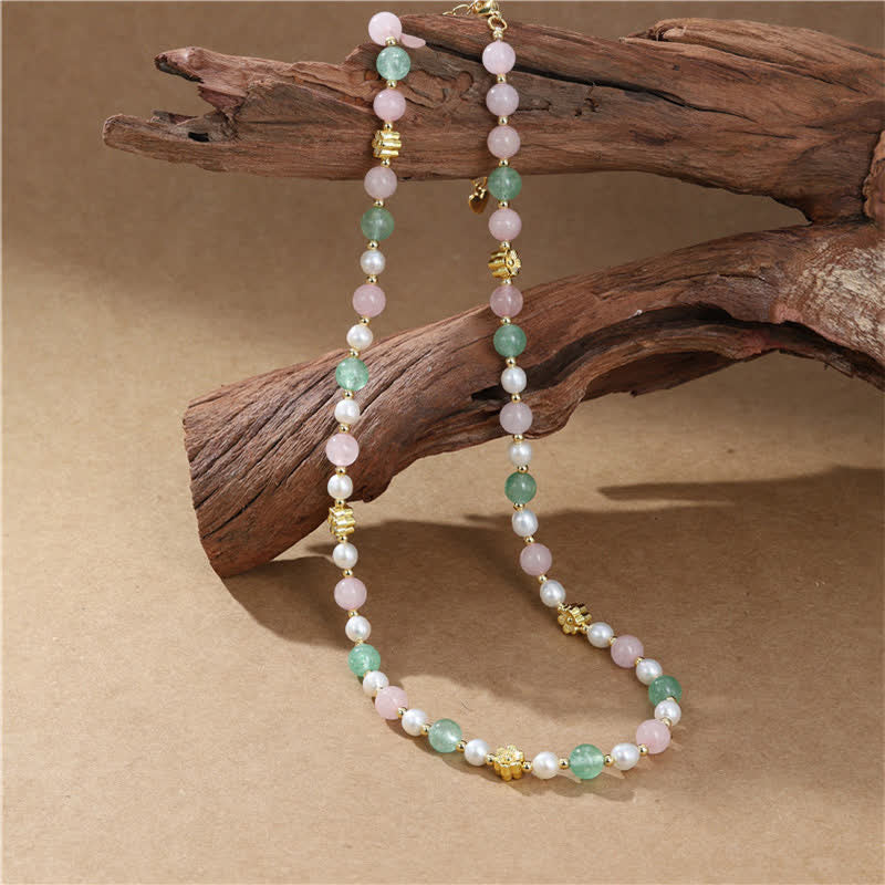 Buddha Stones Natuurlijke rozenkwarts, groene aardbeikwarts, parel en Ketting - image 9