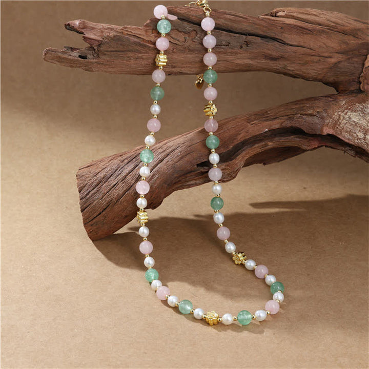 Buddha Stones Natuurlijke rozenkwarts, groene aardbeikwarts, parel en Ketting - image 9
