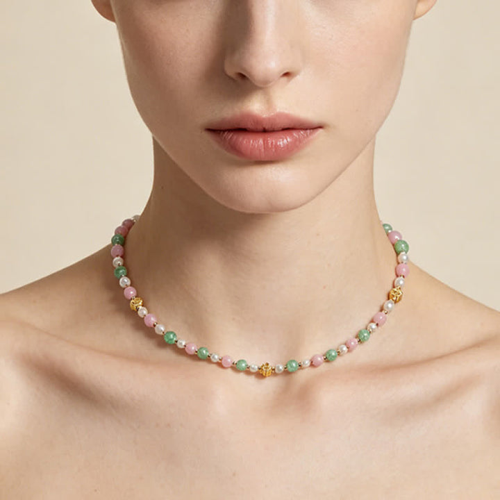 Buddha Stones Natuurlijke rozenkwarts, groene aardbeikwarts, parel en Ketting - image 10