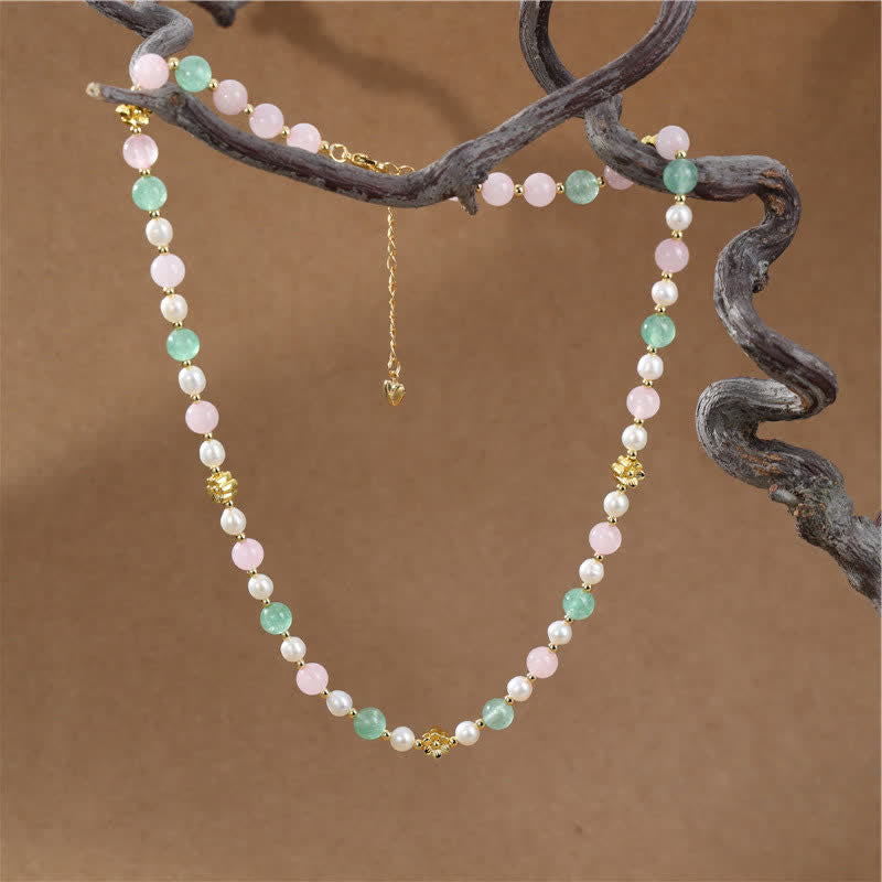 Buddha Stones Natuurlijke rozenkwarts, groene aardbeikwarts, parel en Ketting - image 1