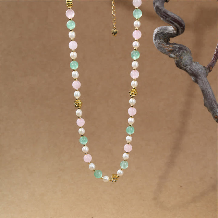 Buddha Stones Natuurlijke rozenkwarts, groene aardbeikwarts, parel en Ketting - image 8