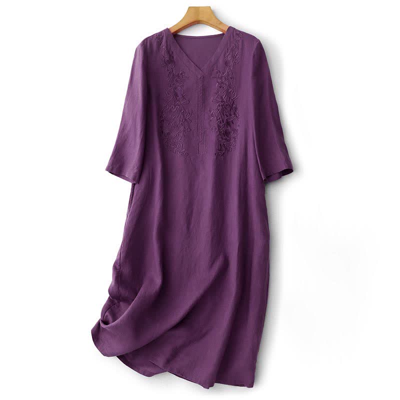 Buddha Stones Zomerse, effen damesjurk met Korte mouw mouwen en Zakken , geborduurd. - RebeccaPurple - US12, UK/AU16, EU44 (2XL) - image 0