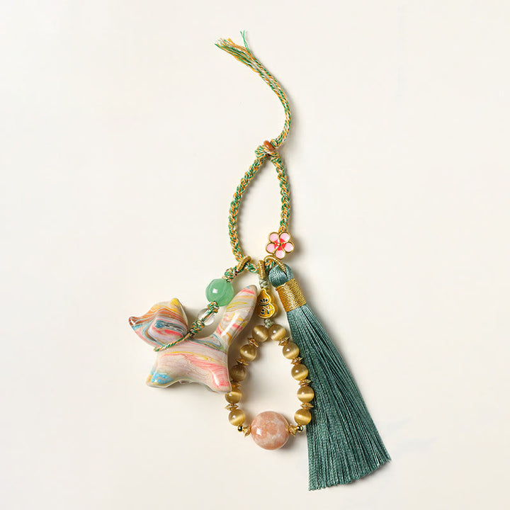 Buddha Stones Mini schattige vos sleutelhanger van ebbenhout met lakafwerking, vredessymbool - image 1