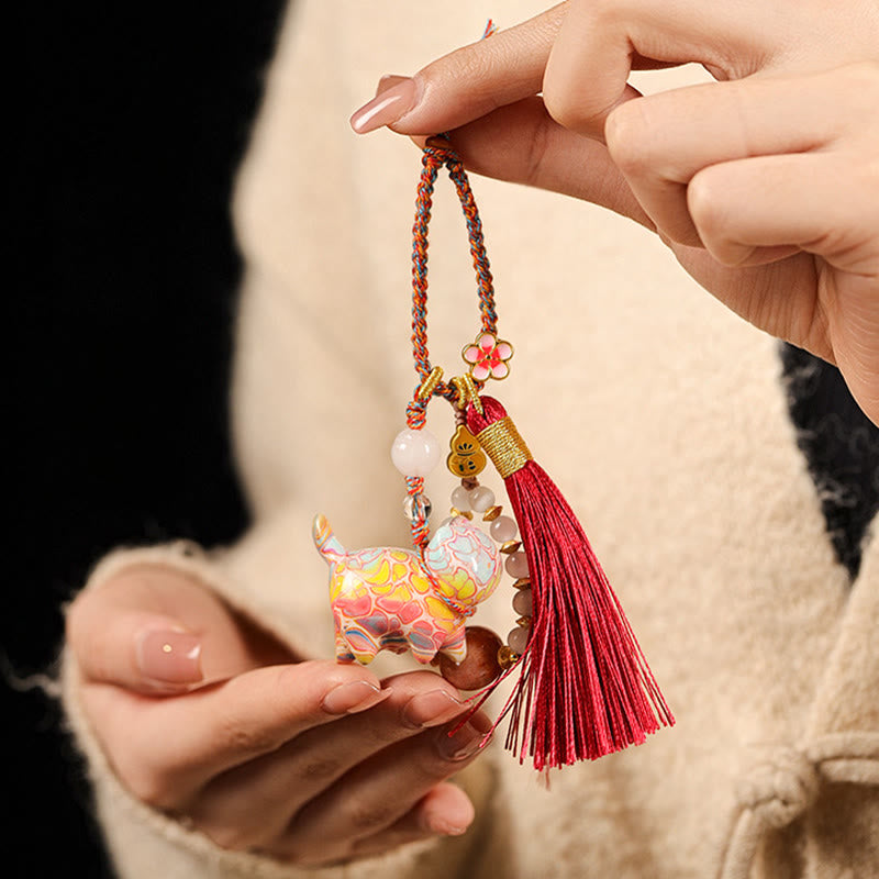 Buddha Stones Mini schattige kat sleutelhanger van ebbenhout met lakafwerking - image 2