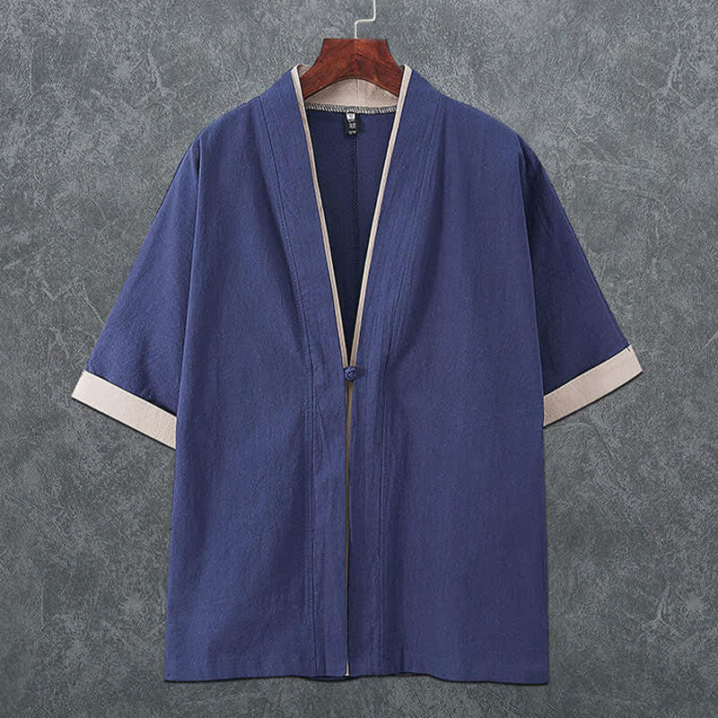 Buddha Stones Zomerse minimalistische kimono met V-hals en kikkerknopen voor heren, effen kleur, Korte mouw. - Staalblauw - US/UK/AU46, EU56 (5XL) - image 0