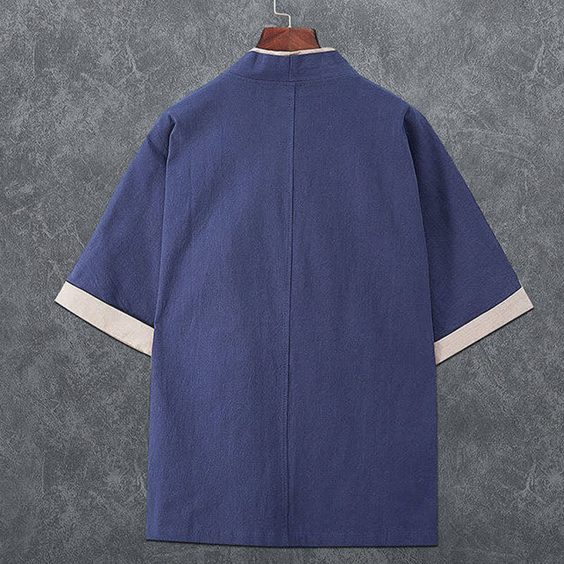 Buddha Stones Zomerse minimalistische kimono met V-hals en kikkerknopen voor heren, effen kleur, Korte mouw. - image 1