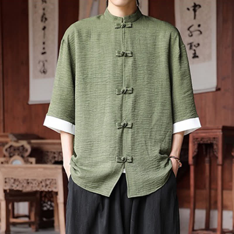 Buddha Stones Zomerse Tang-stijl Overhemden met Mandarin kraag en kikkerknopen, effen kleur , Mouw tot de elleboog. - Olijfgroen - US/UK/AU46, EU56 (5XL) - image 0