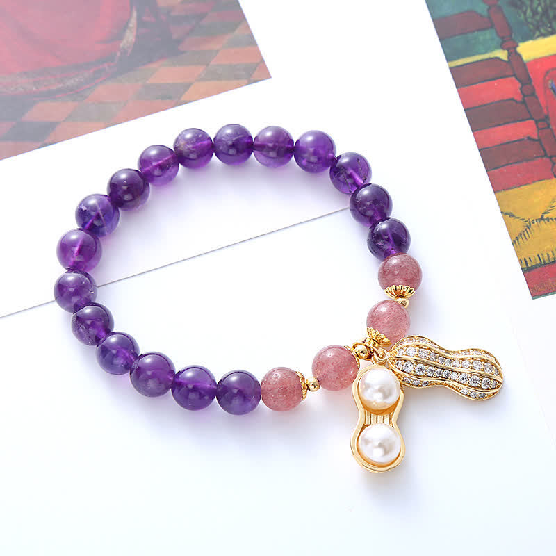 Buddha Stones Natuurlijke amethist aardbeikwarts pinda Armband met de tekst "Goede dingen gebeuren" - Amethist (Polsomtrek 15-16 cm) - image 0