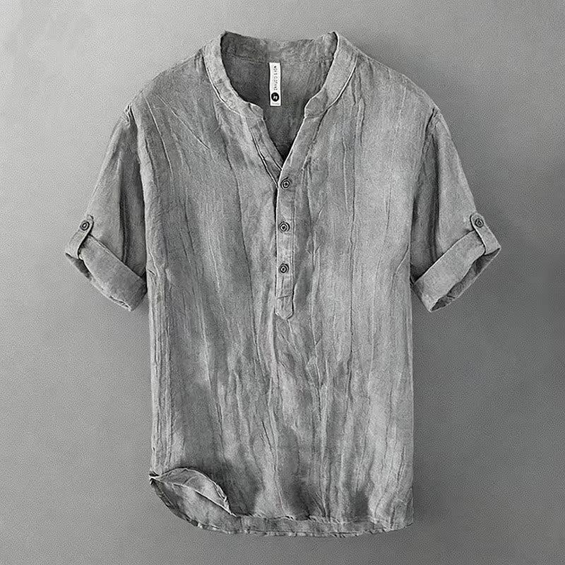 Buddha Stones Zomers overhemd met halve knoopjes en opgerolde Korte mouw voor heren, gemaakt van katoen en linnen. - Grijs - US/UK/AU46, EU56 (3XL) - image 0